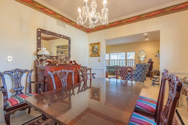 carpeted dining space featuring a notable chandelier and crown molding