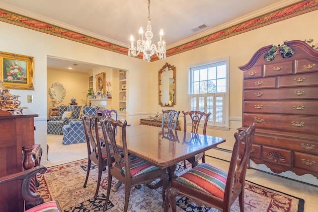 dining area featuring light colored carpet, an inviting chandelier, and ornamental molding