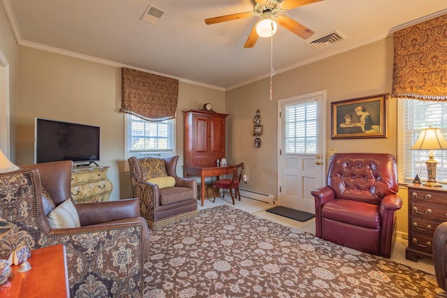 living room featuring a wealth of natural light, ceiling fan, and crown molding