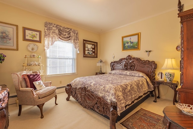 carpeted bedroom with baseboard heating and ornamental molding