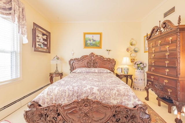 bedroom with baseboard heating and ornamental molding