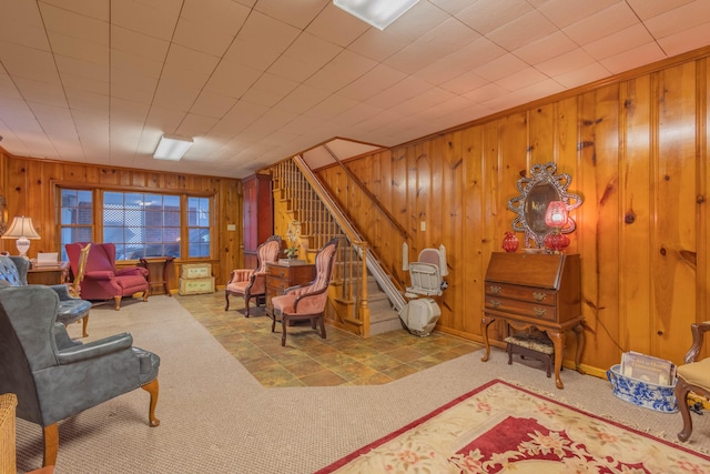 living room with wooden walls