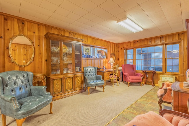 sitting room featuring wooden walls and crown molding