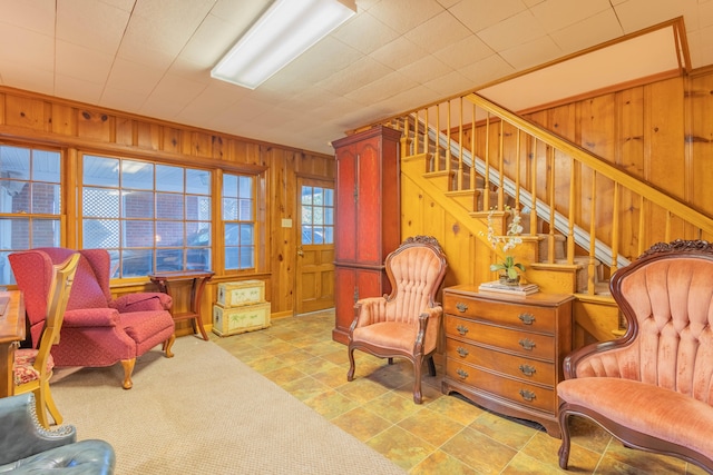 living area with wood walls and ornamental molding