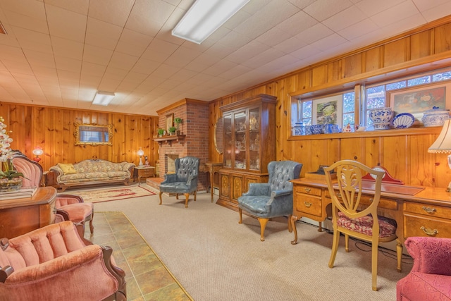 interior space featuring a brick fireplace and wooden walls