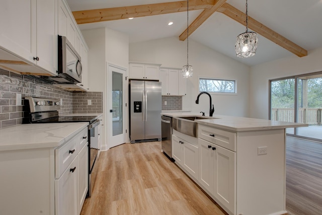 kitchen featuring decorative backsplash, white cabinetry, a kitchen island with sink, pendant lighting, and stainless steel appliances