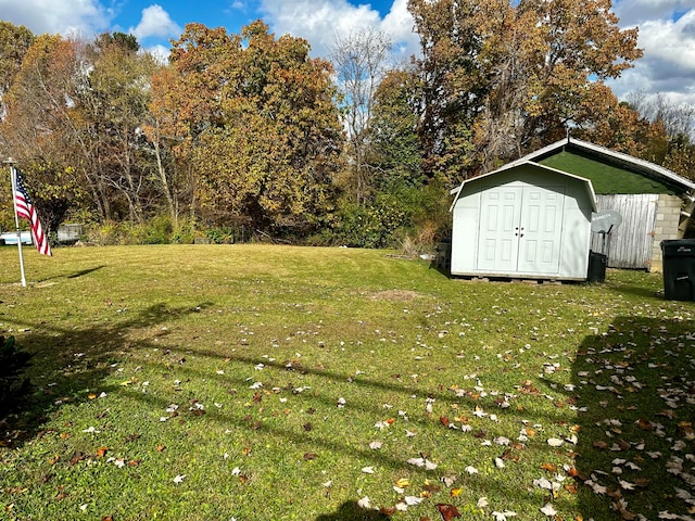 view of yard featuring a storage unit