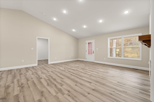 unfurnished living room featuring lofted ceiling, recessed lighting, visible vents, baseboards, and light wood-type flooring