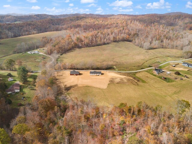 aerial view featuring a mountain view and a wooded view