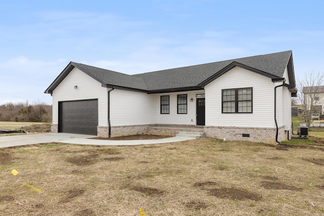 view of front facade featuring crawl space, a garage, driveway, and a shingled roof