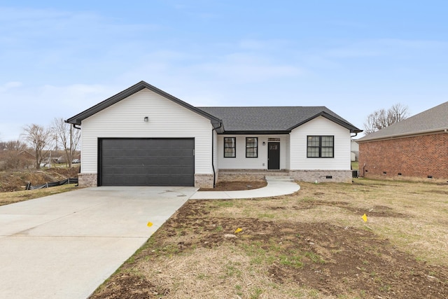 view of front facade with crawl space, driveway, a porch, and an attached garage