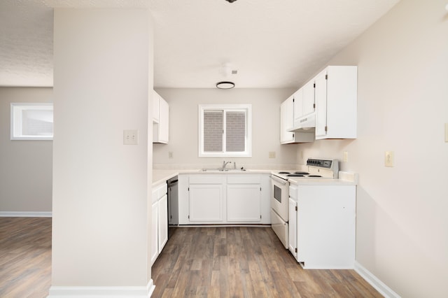 kitchen with white cabinetry, electric range, and dark hardwood / wood-style floors