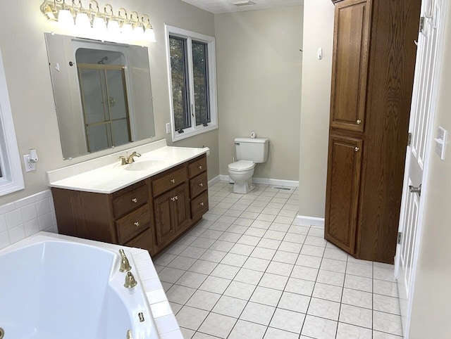 full bathroom featuring tile patterned floors, toilet, vanity, and shower with separate bathtub