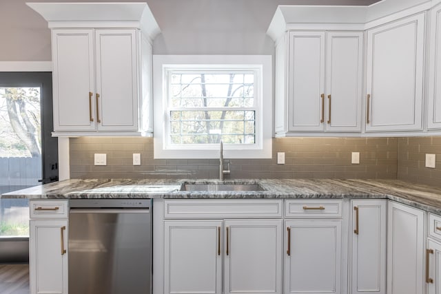 kitchen with sink, white cabinetry, and dishwasher