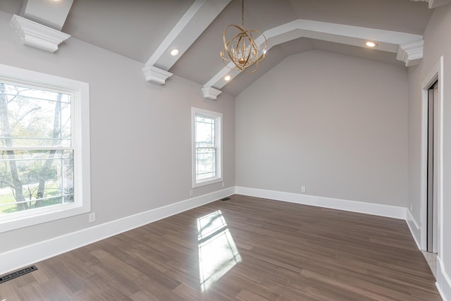 2528 Leland Ln, Lexington, KY 40503 - spare room with baseboards, a chandelier, recessed lighting, dark wood-style flooring, and high vaulted ceiling
