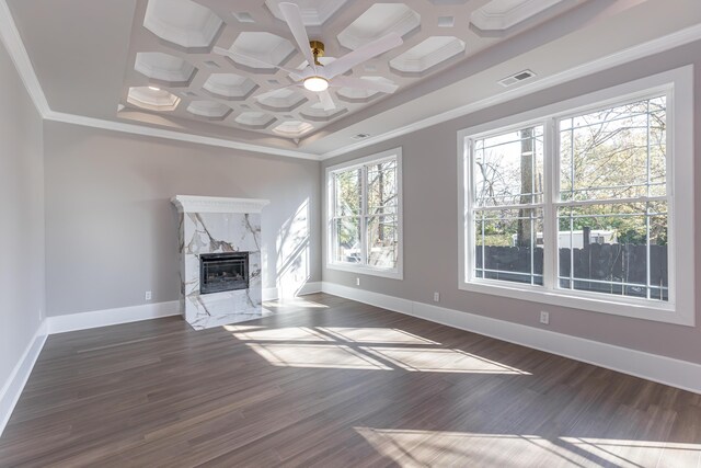 2528 Leland Ln, Lexington, KY 40503 - unfurnished living room featuring coffered ceiling, ceiling fan, baseboards, ornamental molding, and a fireplace