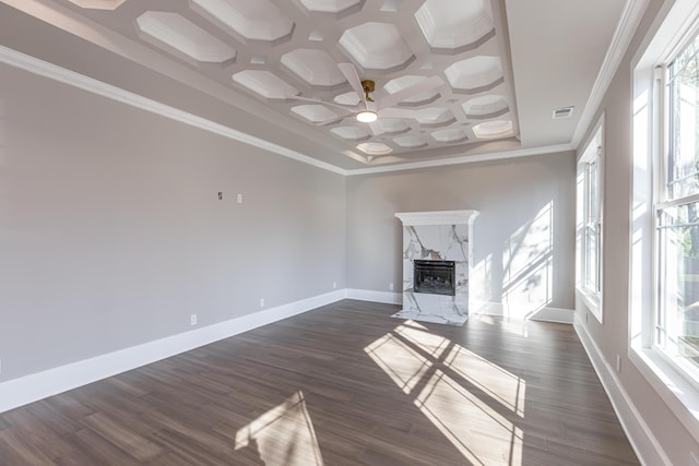 2528 Leland Ln, Lexington, KY 40503 - unfurnished living room with coffered ceiling, baseboards, a fireplace, dark wood finished floors, and crown molding
