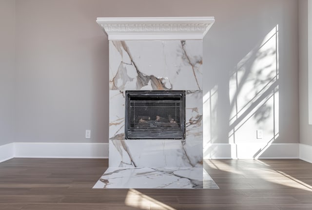 interior details with hardwood / wood-style flooring and a fireplace