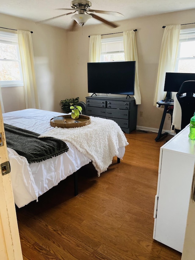 bedroom with ceiling fan, wood-type flooring, and multiple windows