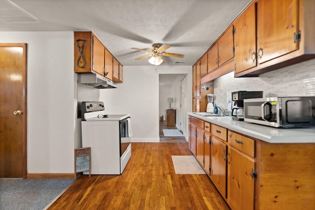 kitchen with sink, hardwood / wood-style floors, tasteful backsplash, electric stove, and ceiling fan