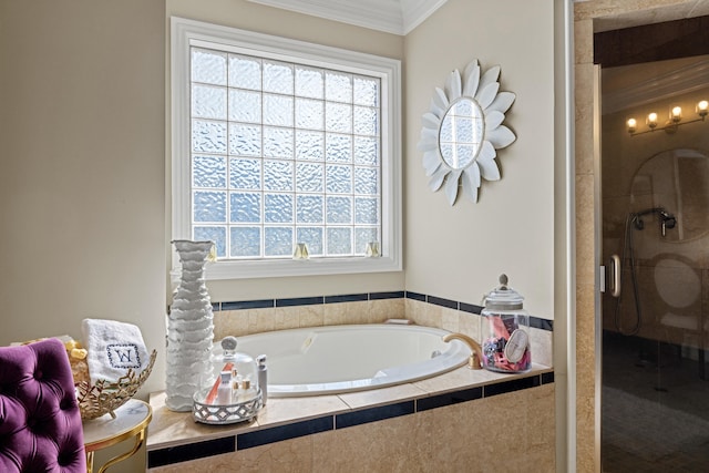 bathroom featuring shower with separate bathtub and crown molding