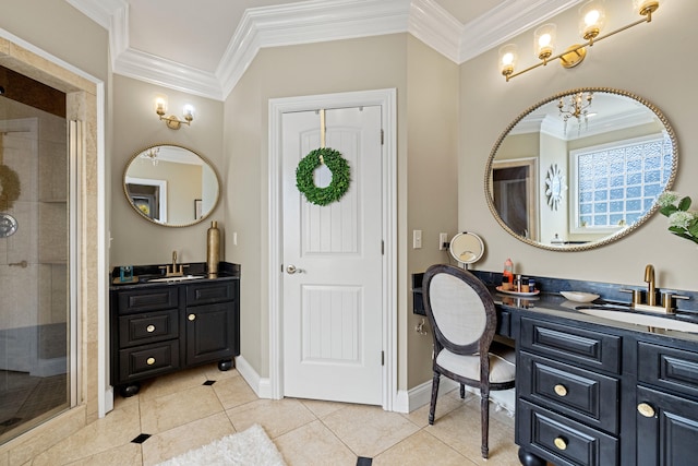 bathroom with an inviting chandelier, vanity, an enclosed shower, crown molding, and tile patterned floors