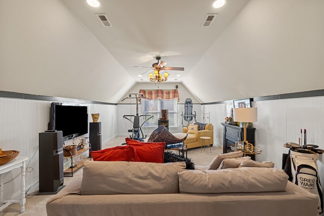 living room featuring a fireplace, ceiling fan, light carpet, and lofted ceiling