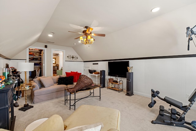 living room with lofted ceiling, light carpet, and ceiling fan