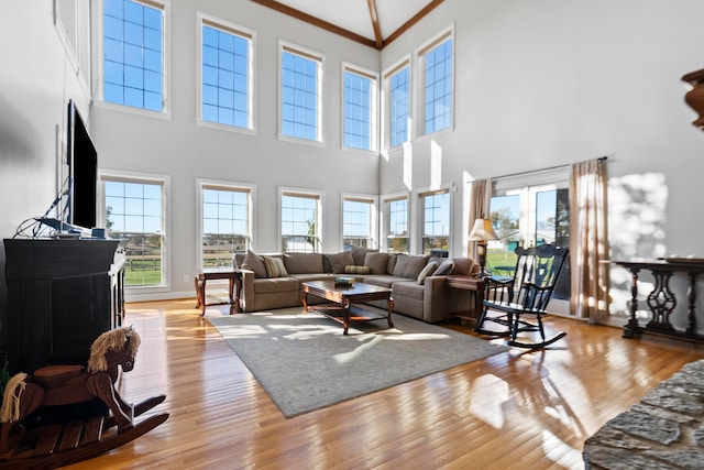 living room featuring light hardwood / wood-style flooring, ornamental molding, and a high ceiling