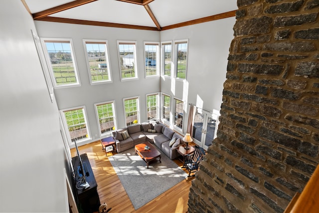 living room with hardwood / wood-style floors and high vaulted ceiling