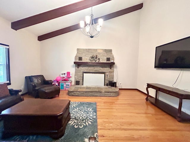 living room with a stone fireplace, hardwood / wood-style floors, a notable chandelier, and vaulted ceiling with beams