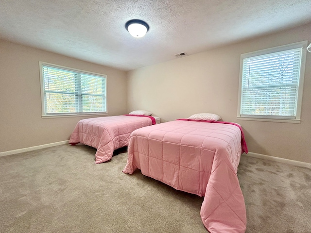 carpeted bedroom featuring multiple windows and a textured ceiling