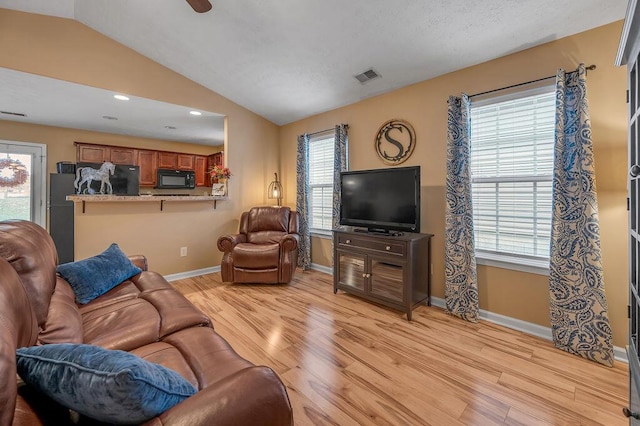 living room with lofted ceiling and light hardwood / wood-style floors