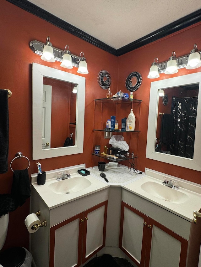 bathroom with vanity, ornamental molding, and a textured ceiling