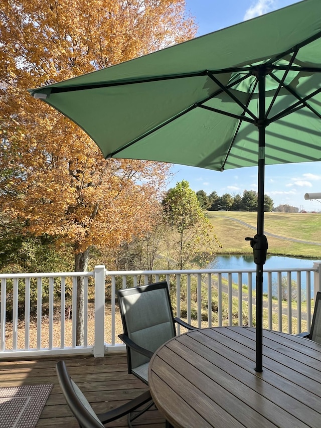 wooden terrace featuring a water view