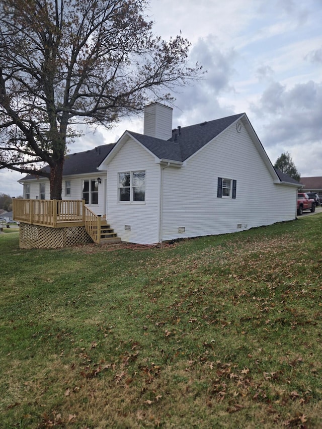 87 Cardinal Cir, Lancaster, KY 40444 - back of house with crawl space, a wooden deck, a chimney, and a lawn