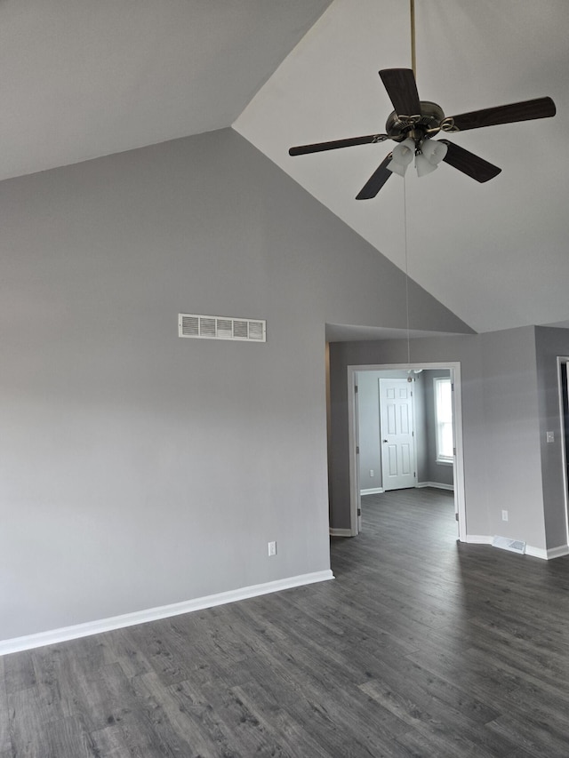 interior space with dark wood-type flooring, high vaulted ceiling, and ceiling fan