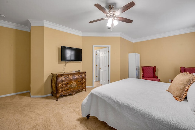 bedroom featuring light carpet, ceiling fan, and crown molding