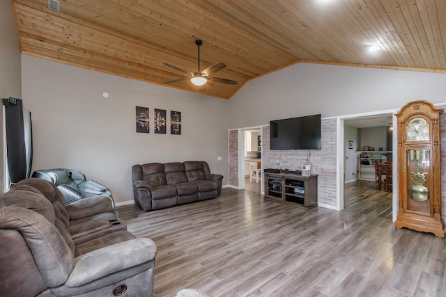 living room with wooden ceiling, ceiling fan, light hardwood / wood-style flooring, and high vaulted ceiling