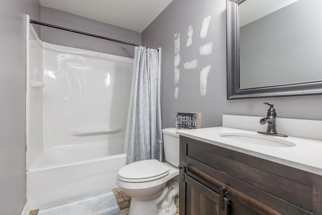 full bathroom with vanity, toilet, and shower / bathtub combination with curtain