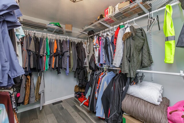 walk in closet with wood-type flooring