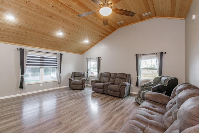 living room featuring high vaulted ceiling, light wood-type flooring, wood ceiling, and ceiling fan