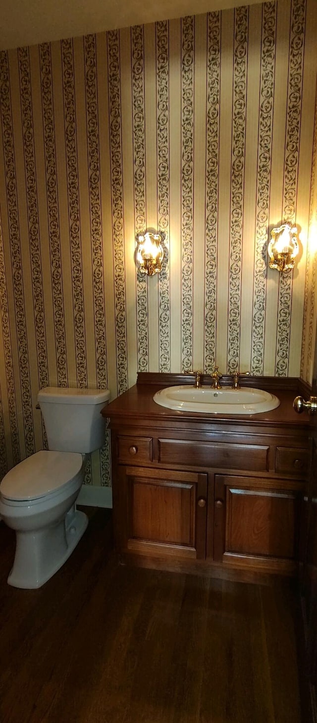 bathroom with toilet, sink, and hardwood / wood-style floors