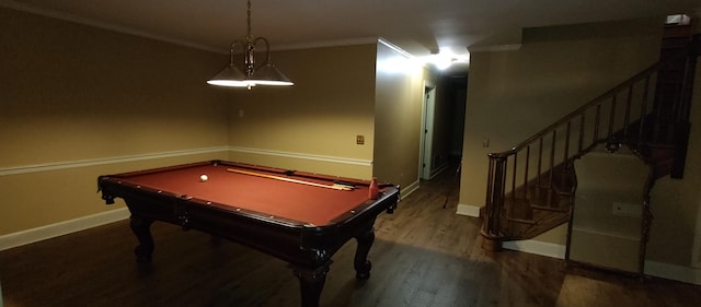 recreation room featuring wood-type flooring, pool table, and crown molding