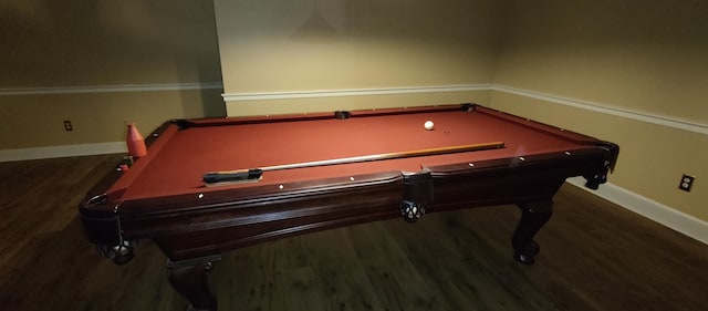 game room featuring dark wood-type flooring and billiards