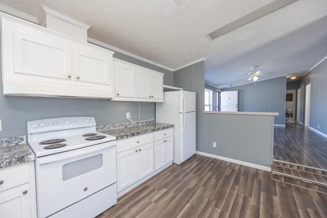 kitchen featuring white appliances, ornamental molding, dark hardwood / wood-style floors, and white cabinets