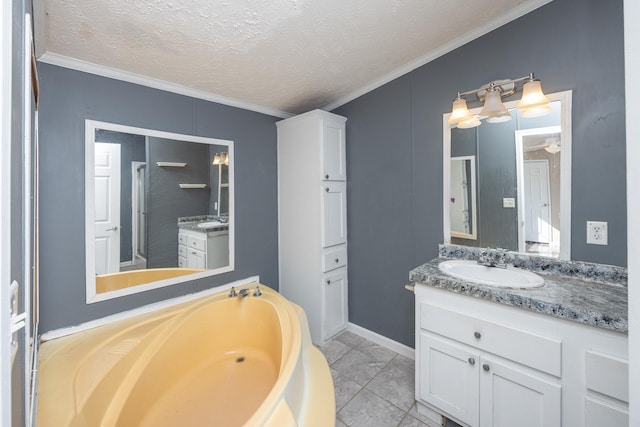 bathroom featuring tile patterned flooring, crown molding, a tub, and a textured ceiling