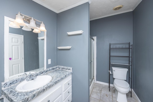 bathroom with walk in shower, vanity, crown molding, and a textured ceiling