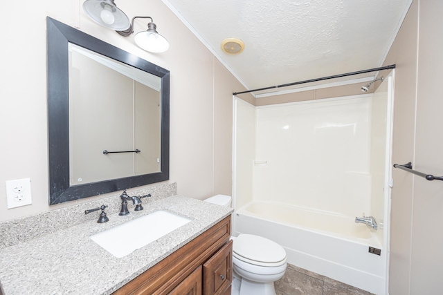 full bathroom featuring vanity, tub / shower combination, toilet, and a textured ceiling