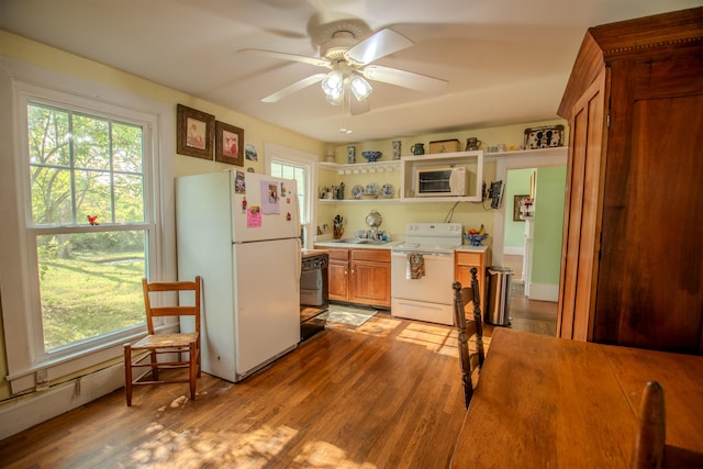 kitchen featuring light hardwood / wood-style floors, ceiling fan, plenty of natural light, and white appliances